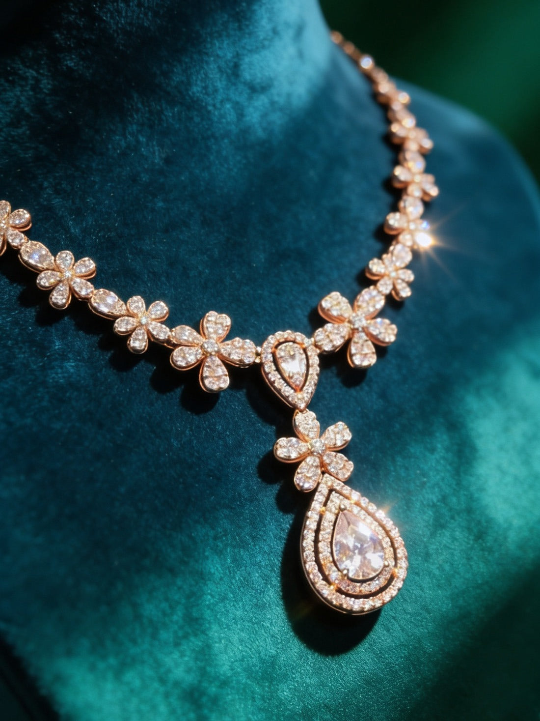Pure Silver Floral Drop Necklace with Diamond Finish Elegance