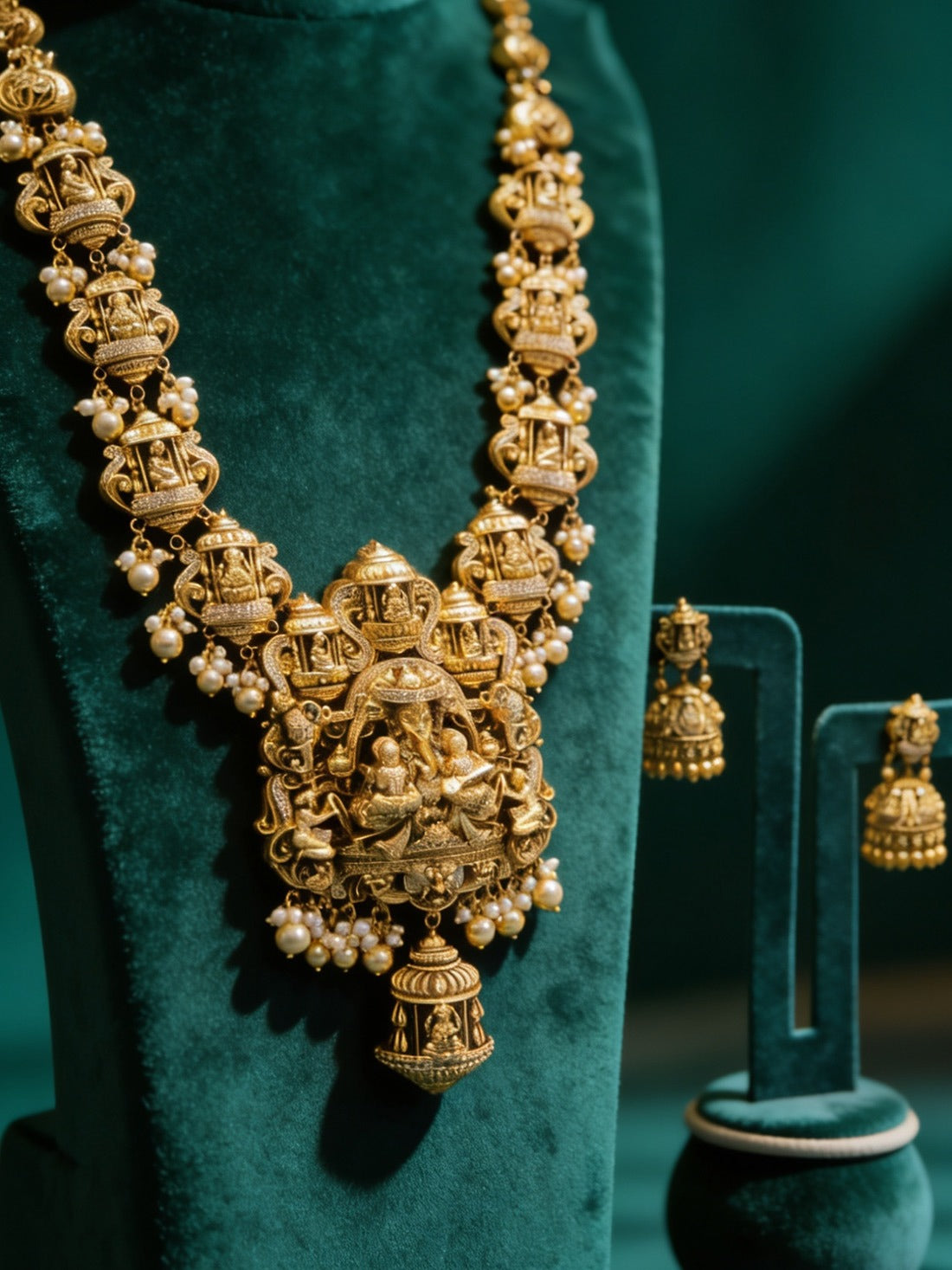 Pure Silver Temple Jewellery Necklace Set with Divine Motif & Gold Finish
