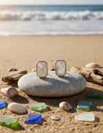 Shop rectangular silver stud earrings with a glossy white mother-of-pearl inlay