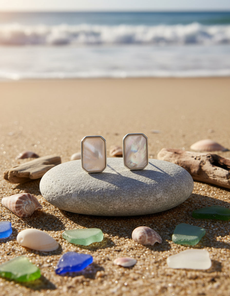 Shop rectangular silver stud earrings with a glossy white mother-of-pearl inlay