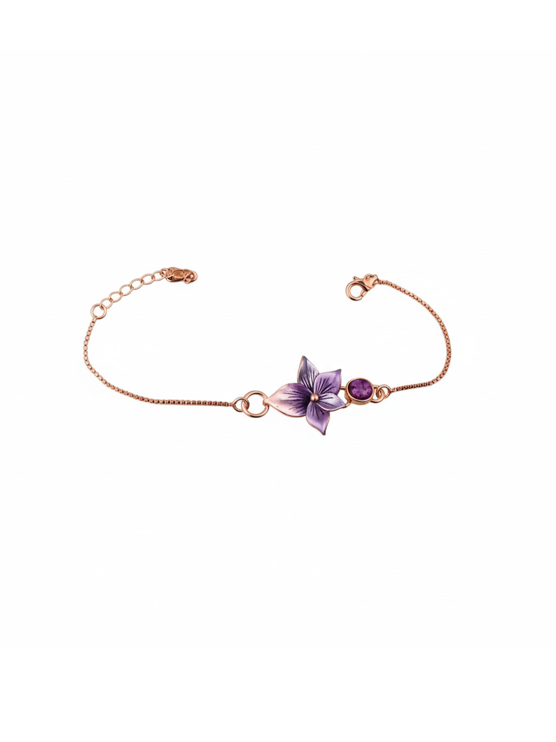 Rose gold bracelet with a purple flower charm