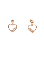 Rose-gold finish silver earrings with open-heart pendants and sparkling stone detailing.