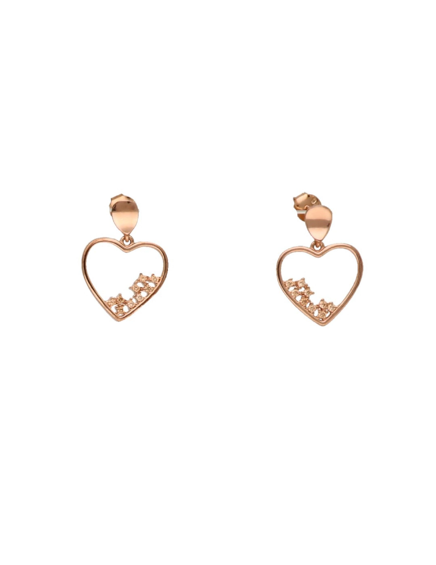 Rose-gold finish silver earrings with open-heart pendants and sparkling stone detailing.