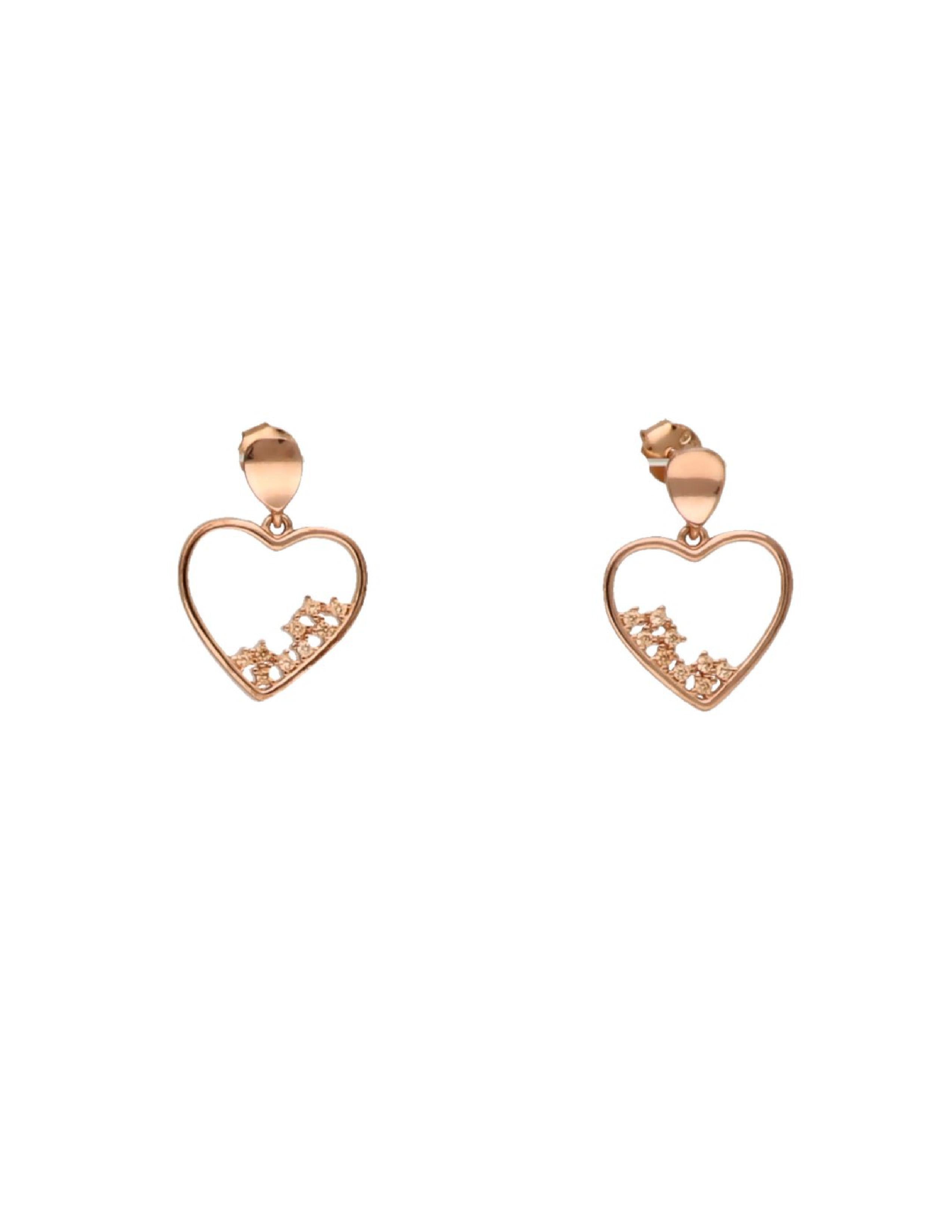 Rose-gold finish silver earrings with open-heart pendants and sparkling stone detailing.