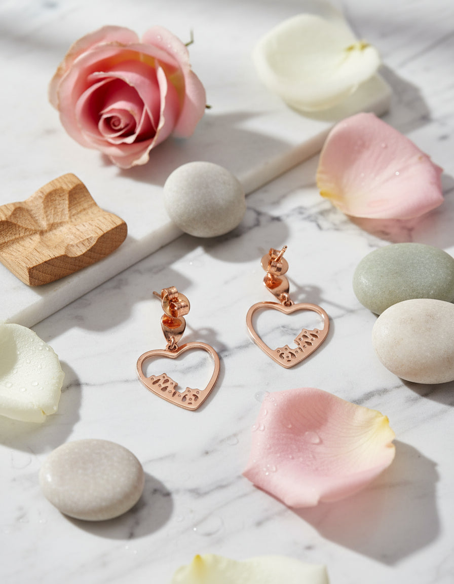 A pair of rose-gold plated silver dangle earrings with a lightweight heart-shaped design.