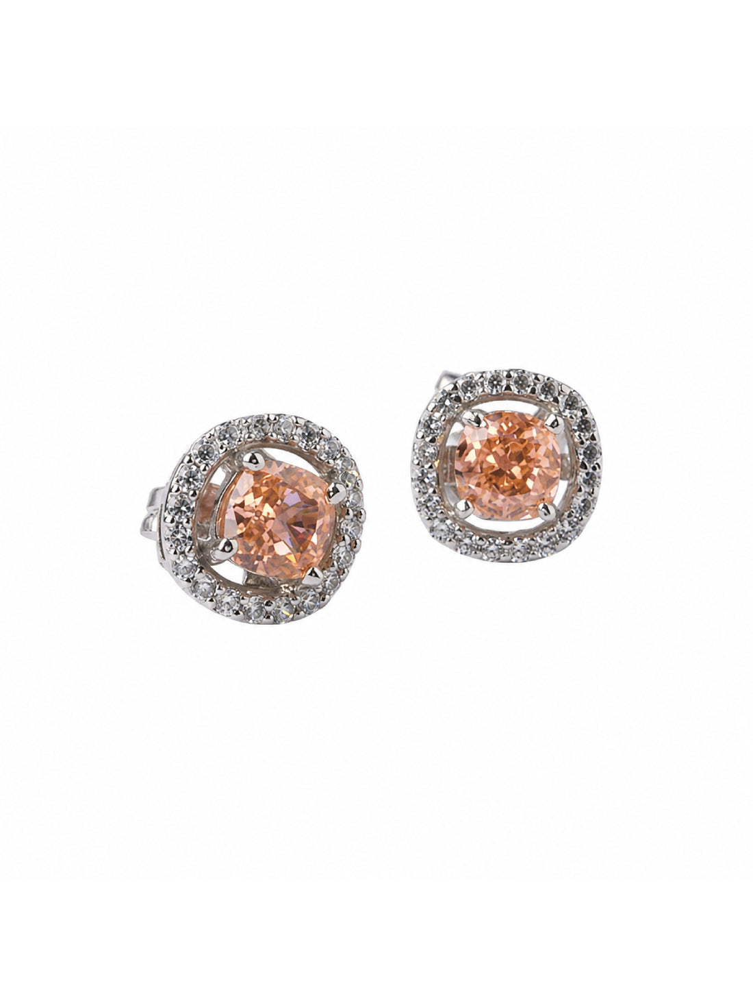 92.5 Silver Round Peach Stone Halo Stud Earrings for Women