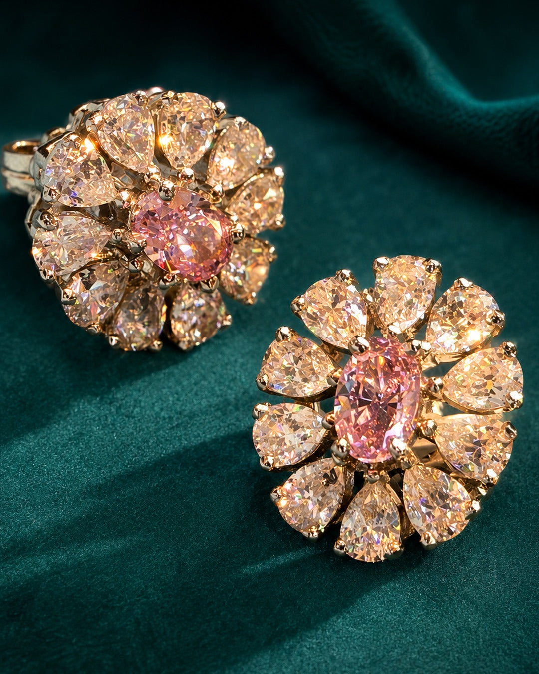 Buy floral silver stud earrings for women with a pink centre stone and sparkling crystal petals online.
