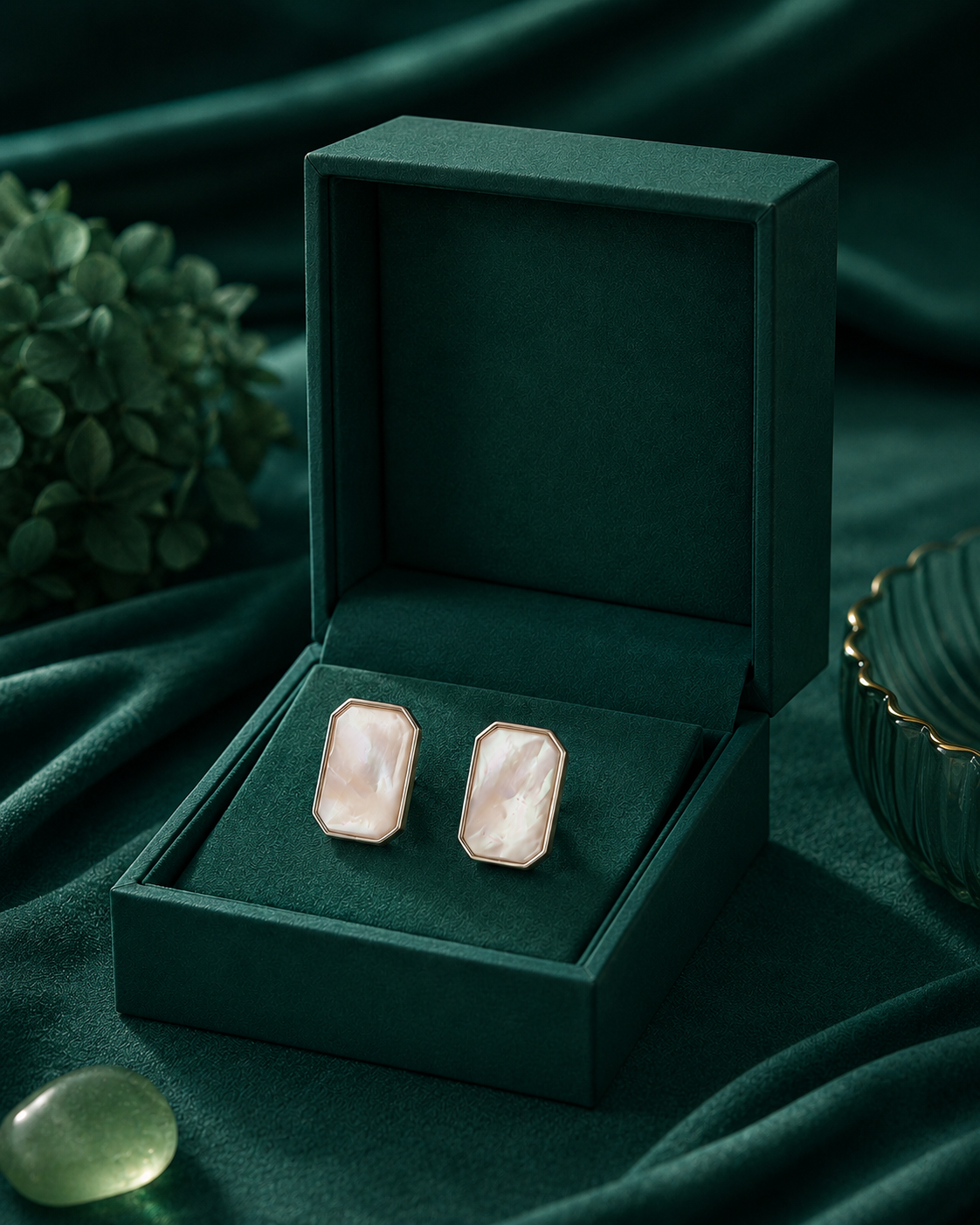 Shop modern silver stud earrings for women with an octagonal frame and mother-of-pearl centre.