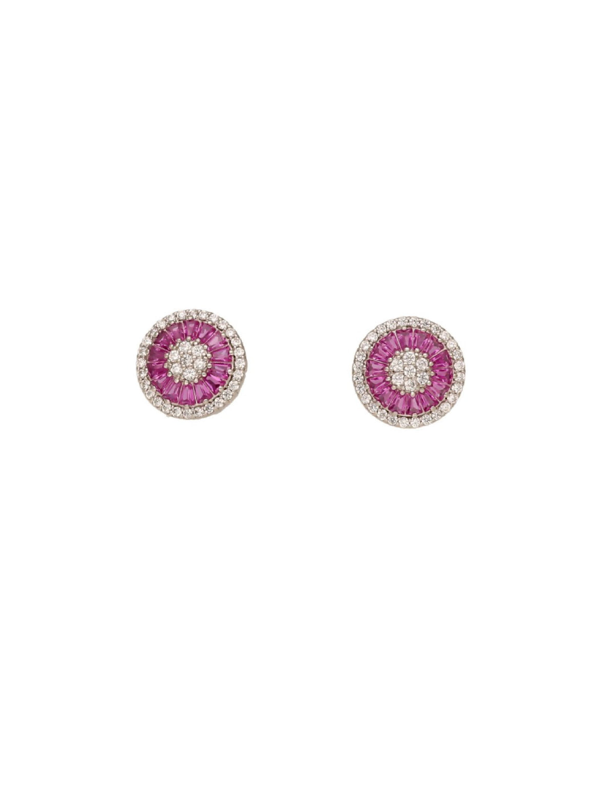 Pair of round silver earrings with pink gemstones and diamond-like elements.