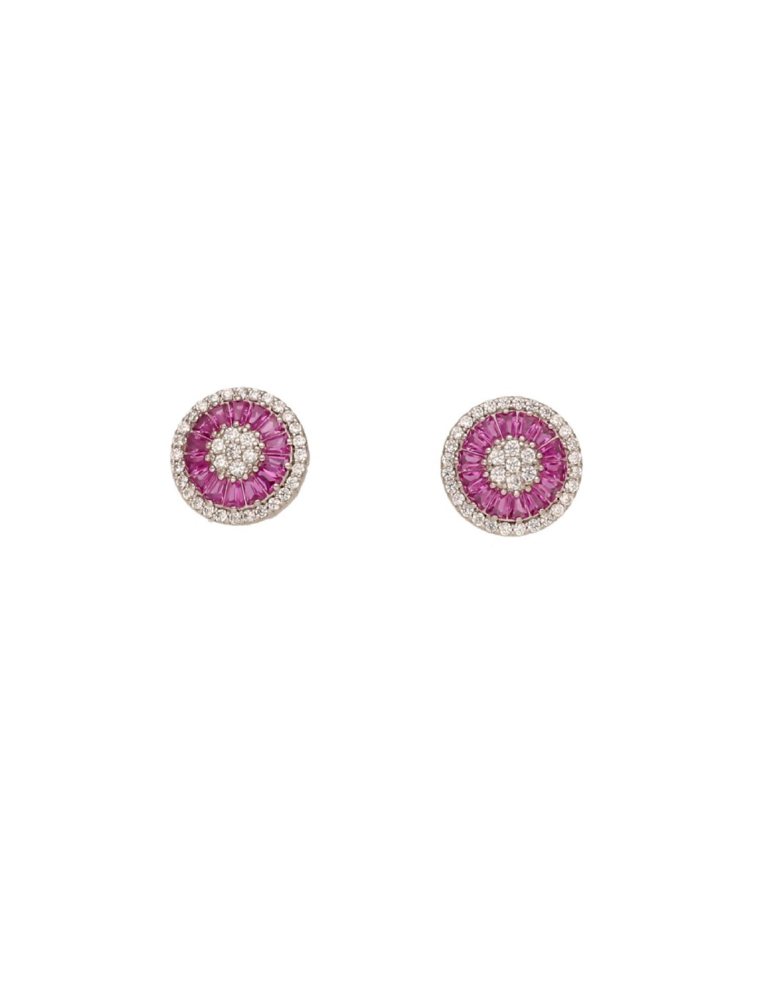 Pair of round silver earrings with pink gemstones and diamond-like elements.