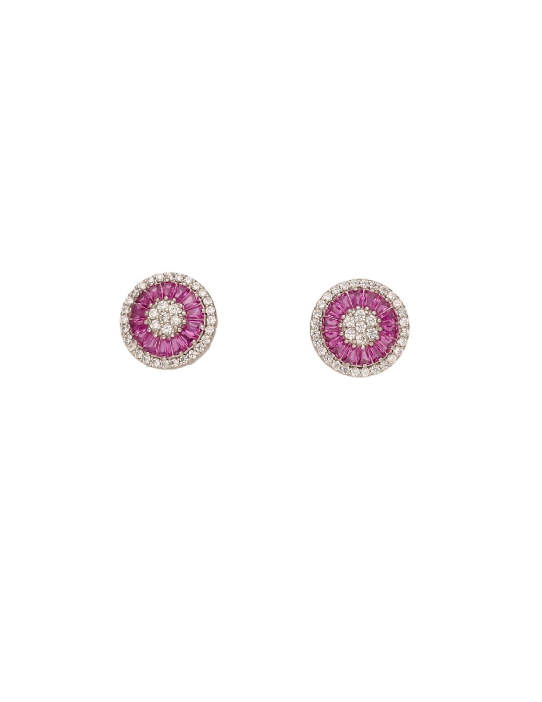 Pair of round silver earrings with pink gemstones and diamond-like elements.