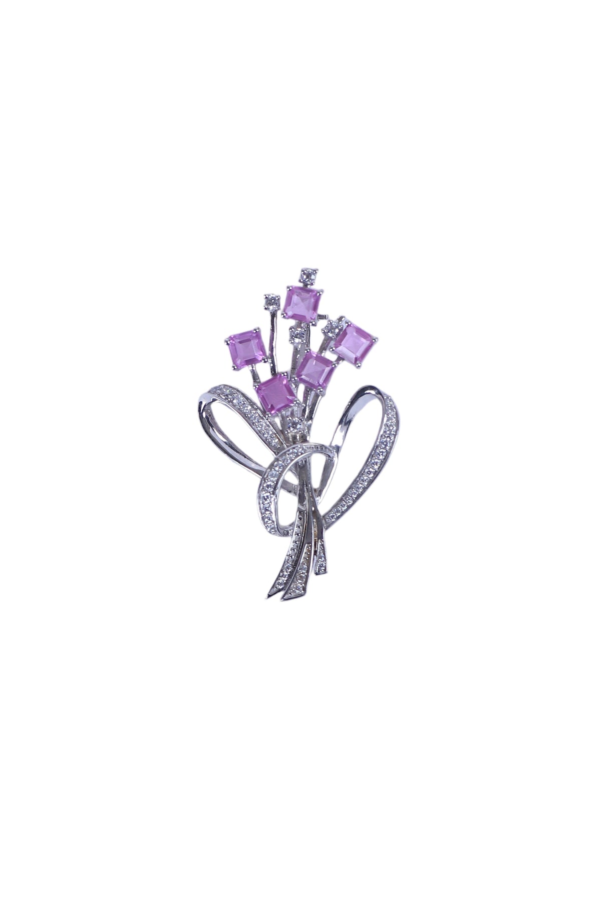 Silver brooch shaped like a heart with ribbon and pink crystal squares