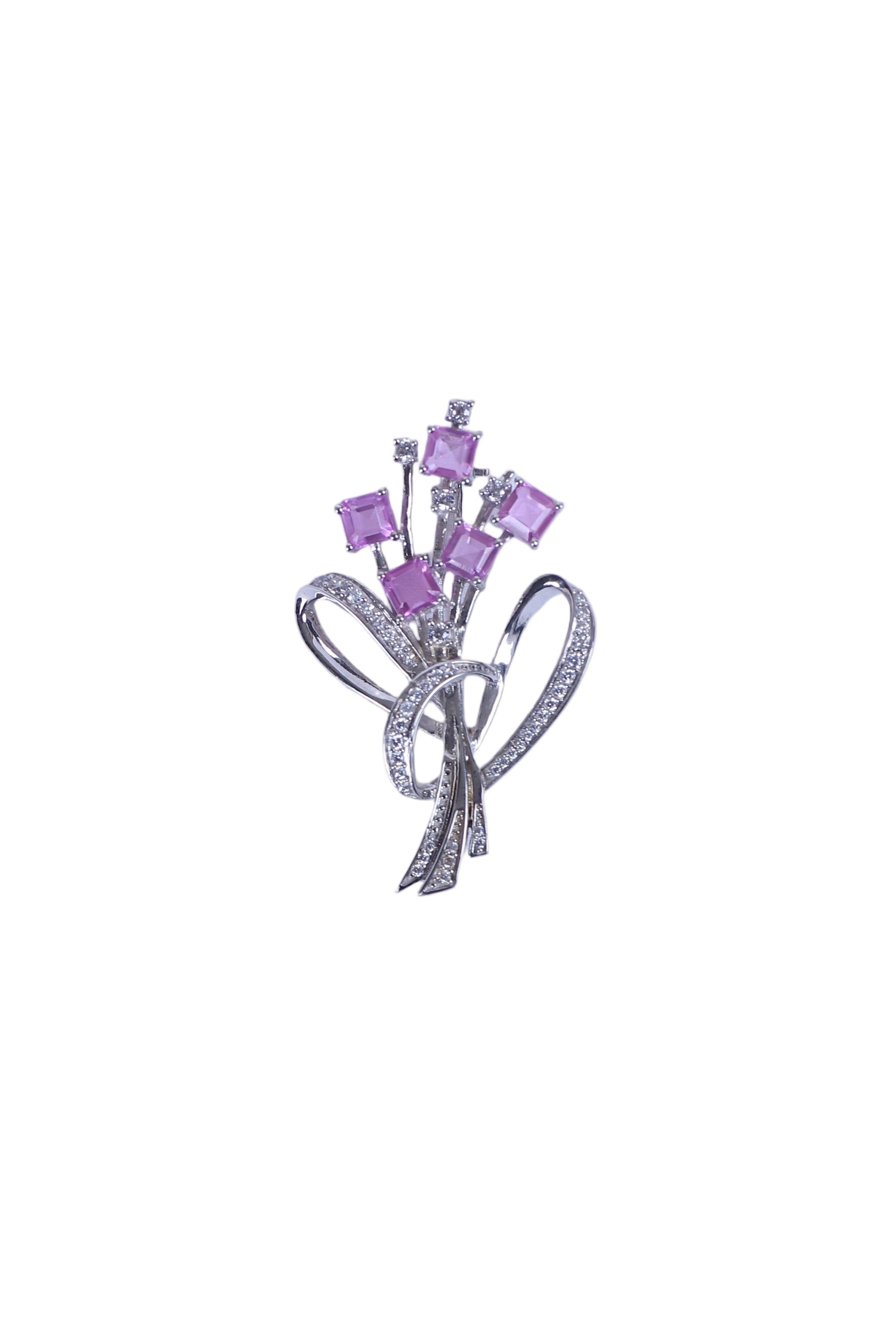 Silver brooch shaped like a heart with ribbon and pink crystal squares
