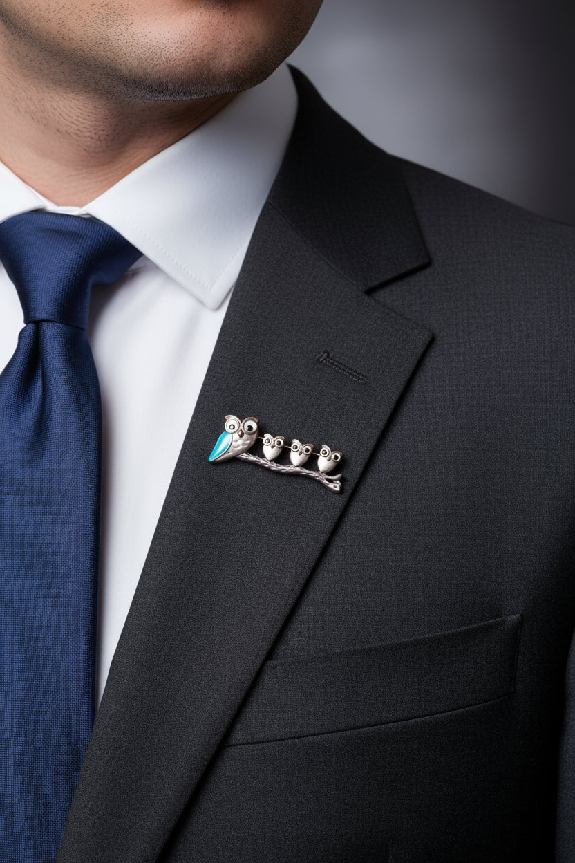 Silver-tone owl brooch with blue beaks on dark suit jacket lapel