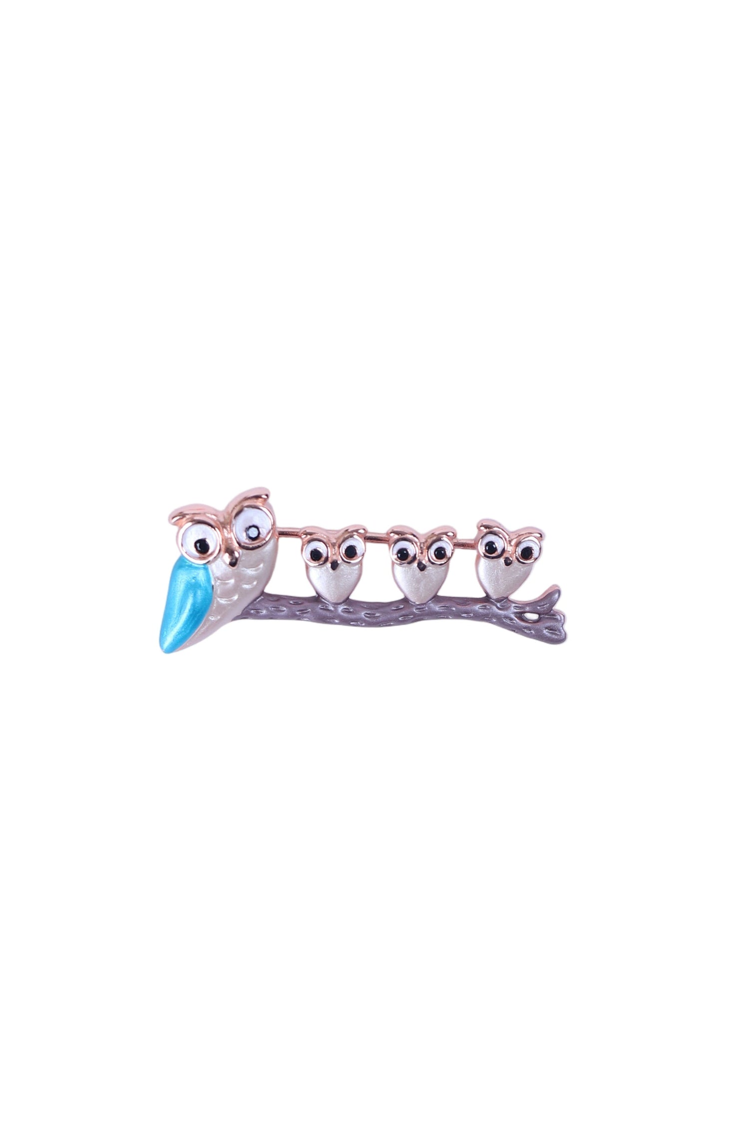 Silver brooch with five owl faces and blue beaks