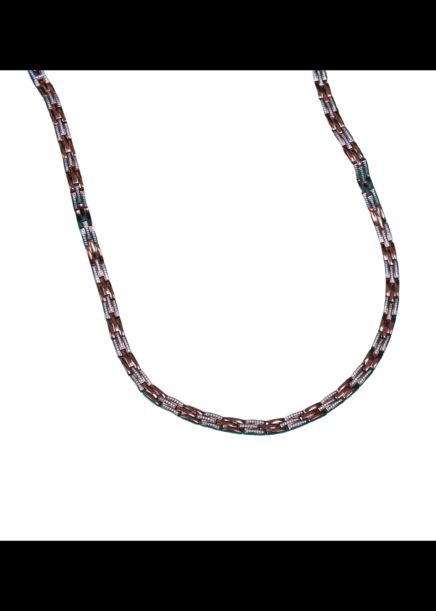 Silver chain necklace with multicolor rectangular link pattern, flat lay