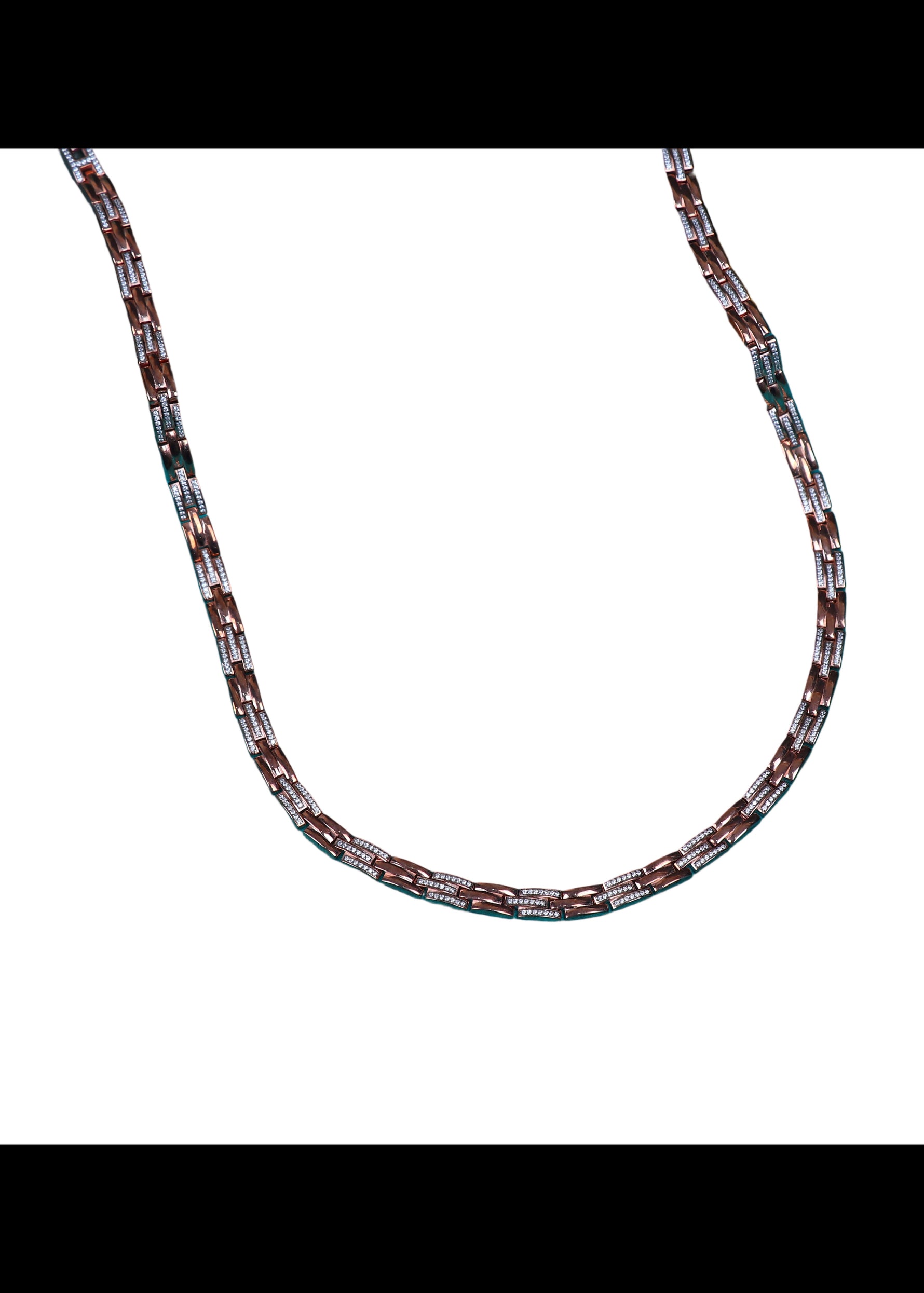 Silver chain necklace with multicolor rectangular link pattern, flat lay