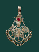 925 silver filigree key ring charm featuring red center stone and ornate bell-like detailing