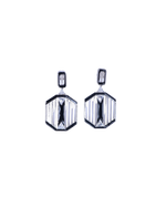 Shop pair of silver geometric earrings on a light purple background