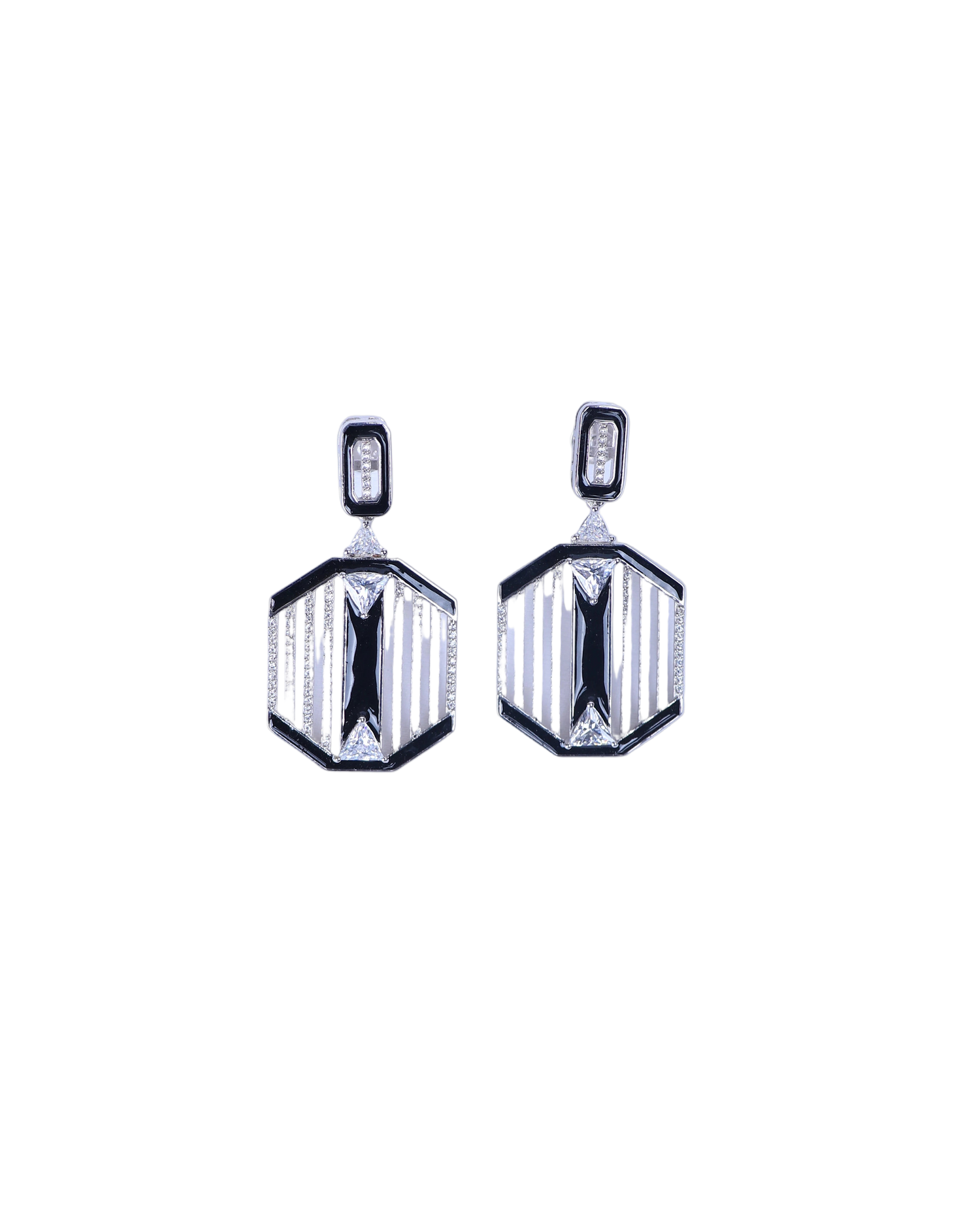 Shop pair of silver geometric earrings on a light purple background