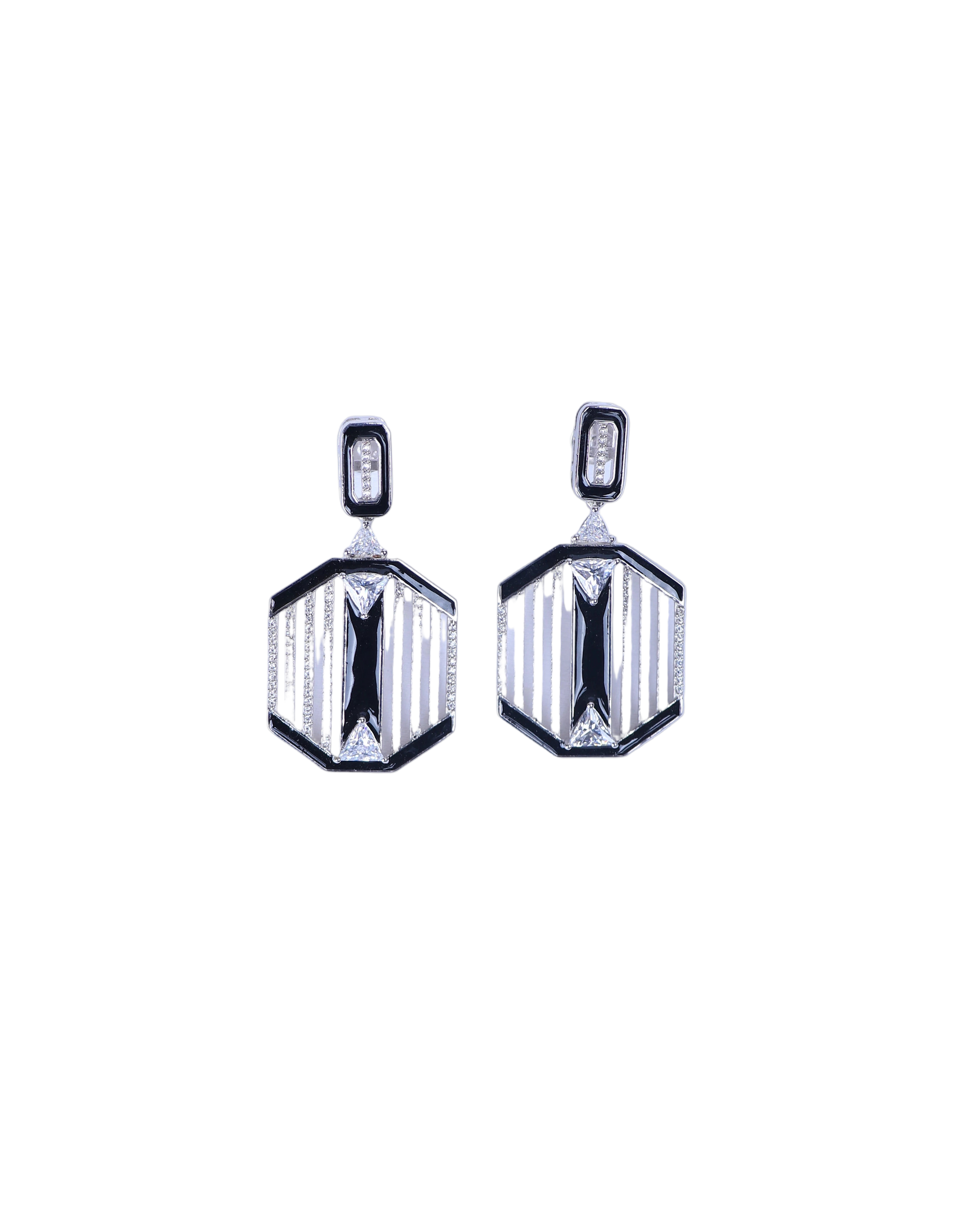 Shop pair of silver geometric earrings on a light purple background