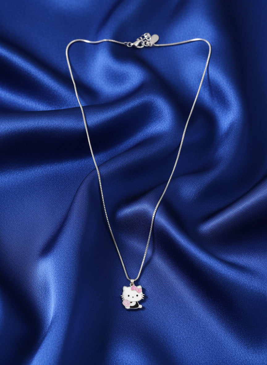 Silver kids chain necklace with dangling cat charm pendant and lobster clasp