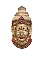 Silver lakshmi idol face with pink stones, red lips and detailed crown