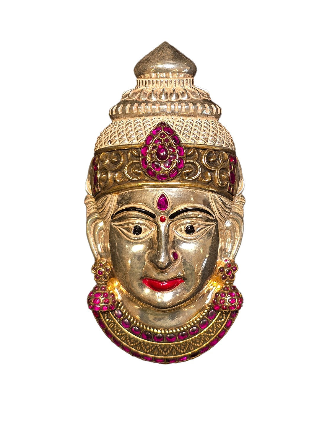 Silver lakshmi idol face with pink stones, red lips and detailed crown