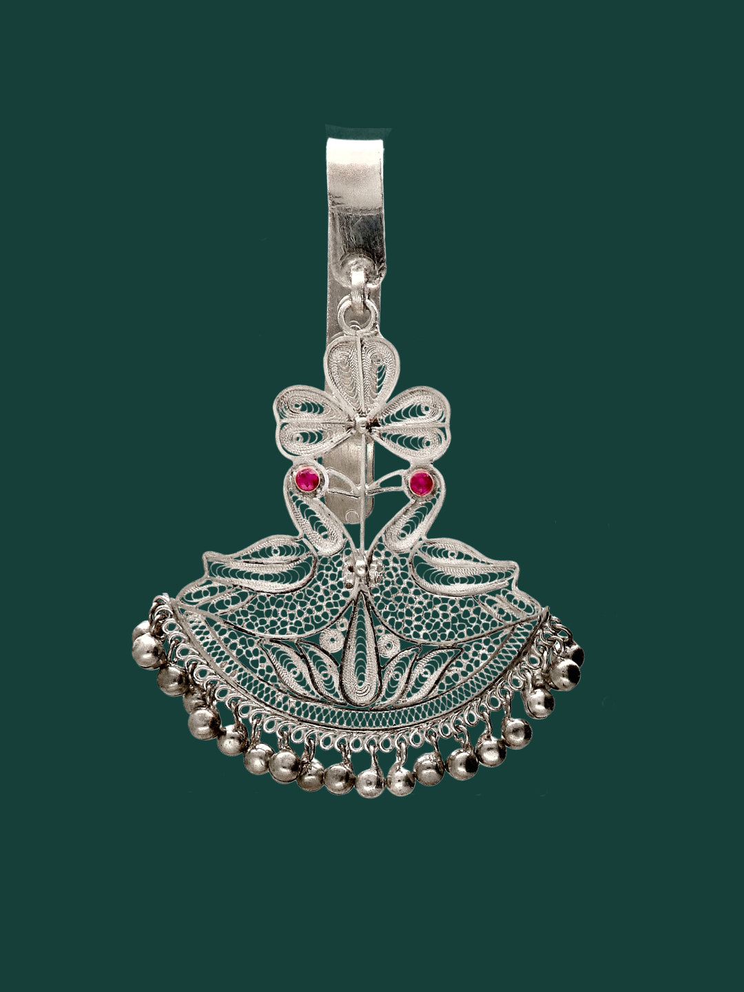Silver peacock keychain charm with filigree fan body, red/pink stones, and bead border