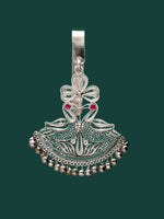 Silver peacock keychain charm with filigree fan body, red/pink stones, and bead border