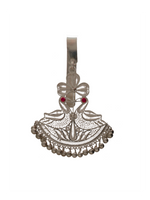 925 silver peacock keychain with filigree body, pink/red stones, and beaded tassel base