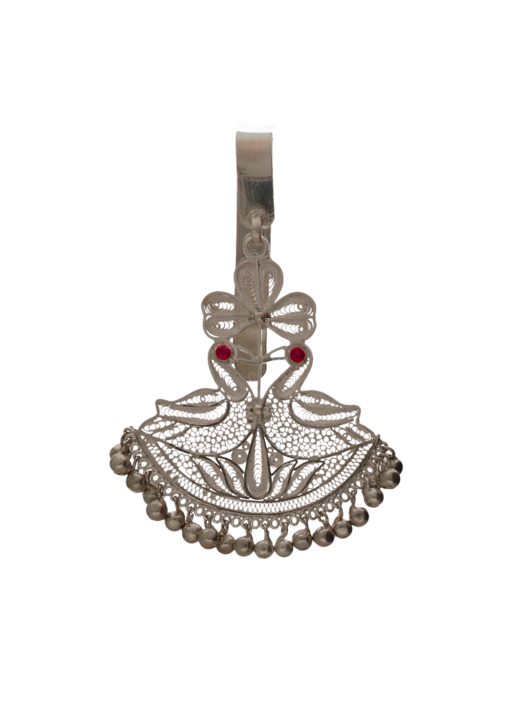 925 silver peacock keychain with filigree body, pink/red stones, and beaded tassel base
