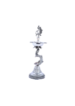 Silver-tone standing samai holder with bird crest and serpentine base, decorative flame dish