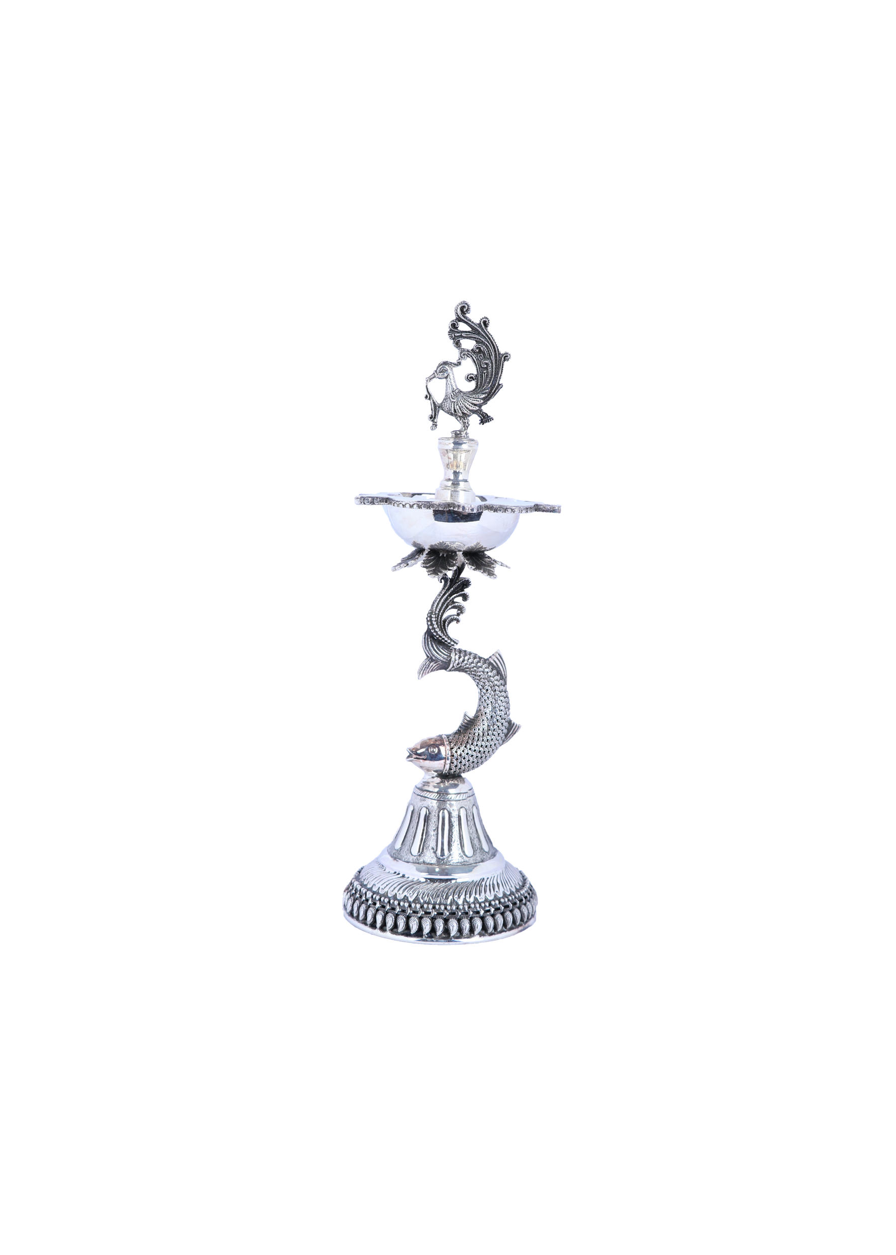 Silver-tone standing samai holder with bird crest and serpentine base, decorative flame dish
