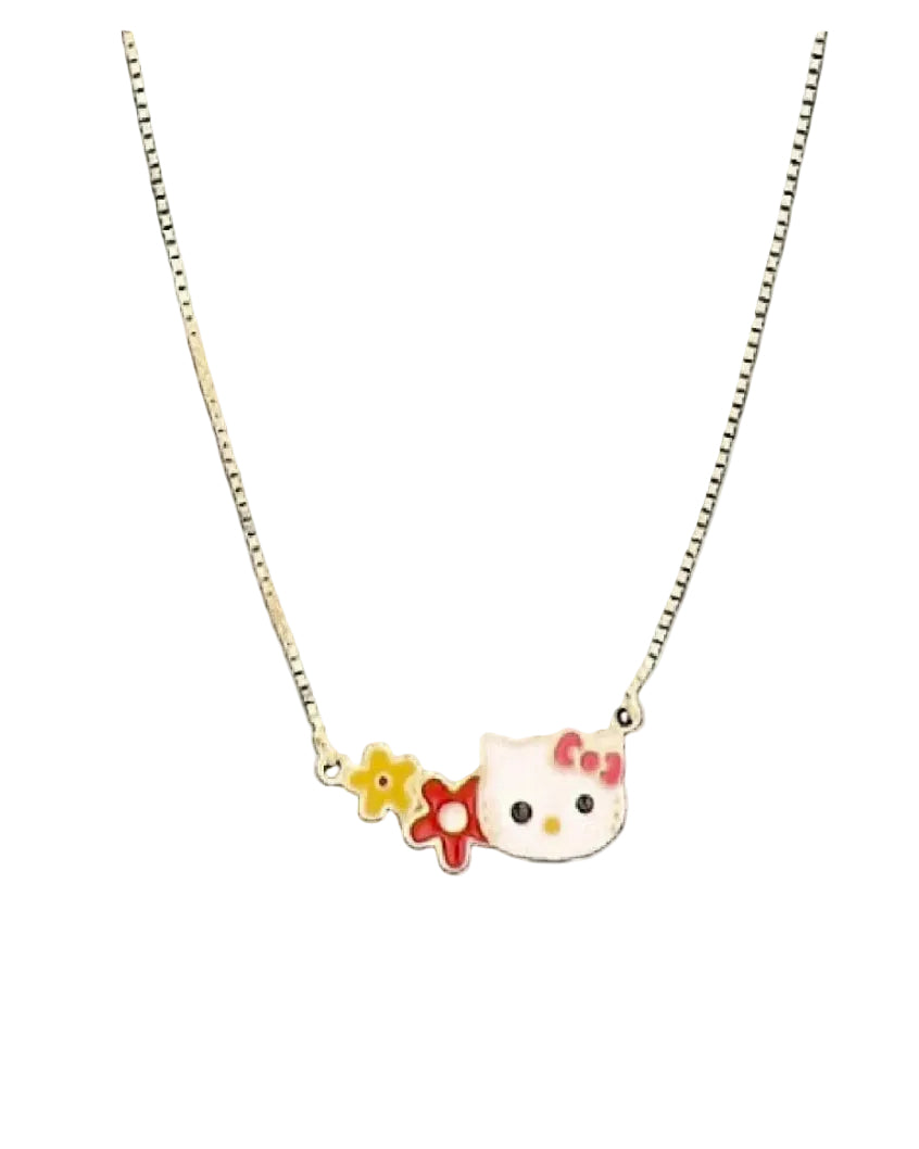 Silver pendant necklace chain with Hello Kitty face and flower enamel charm