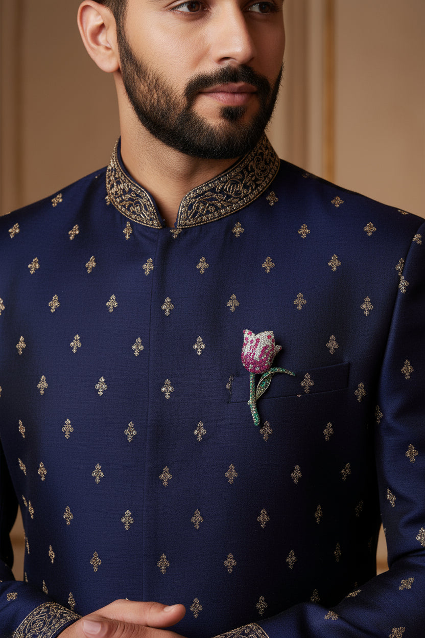 Silver lapel brooch for men with elegant rose design and crystal accents for ethnic wear.