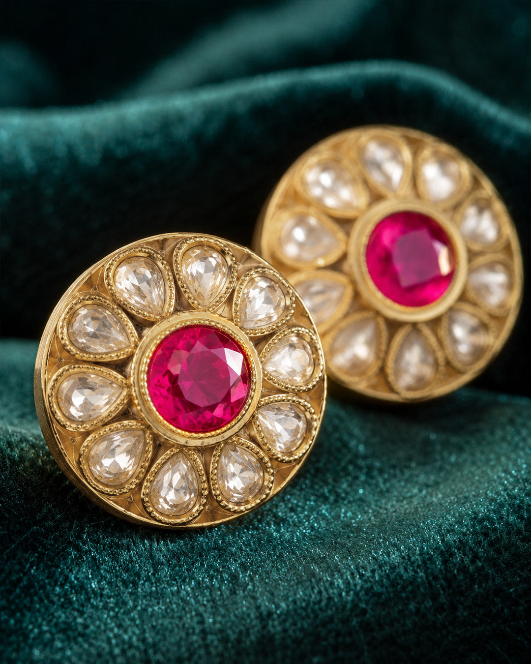 Silver stud earrings for women with pink stone centre and clear crystal petals online.