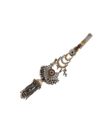 Silver tassel keychain with circular medallion and chain charms