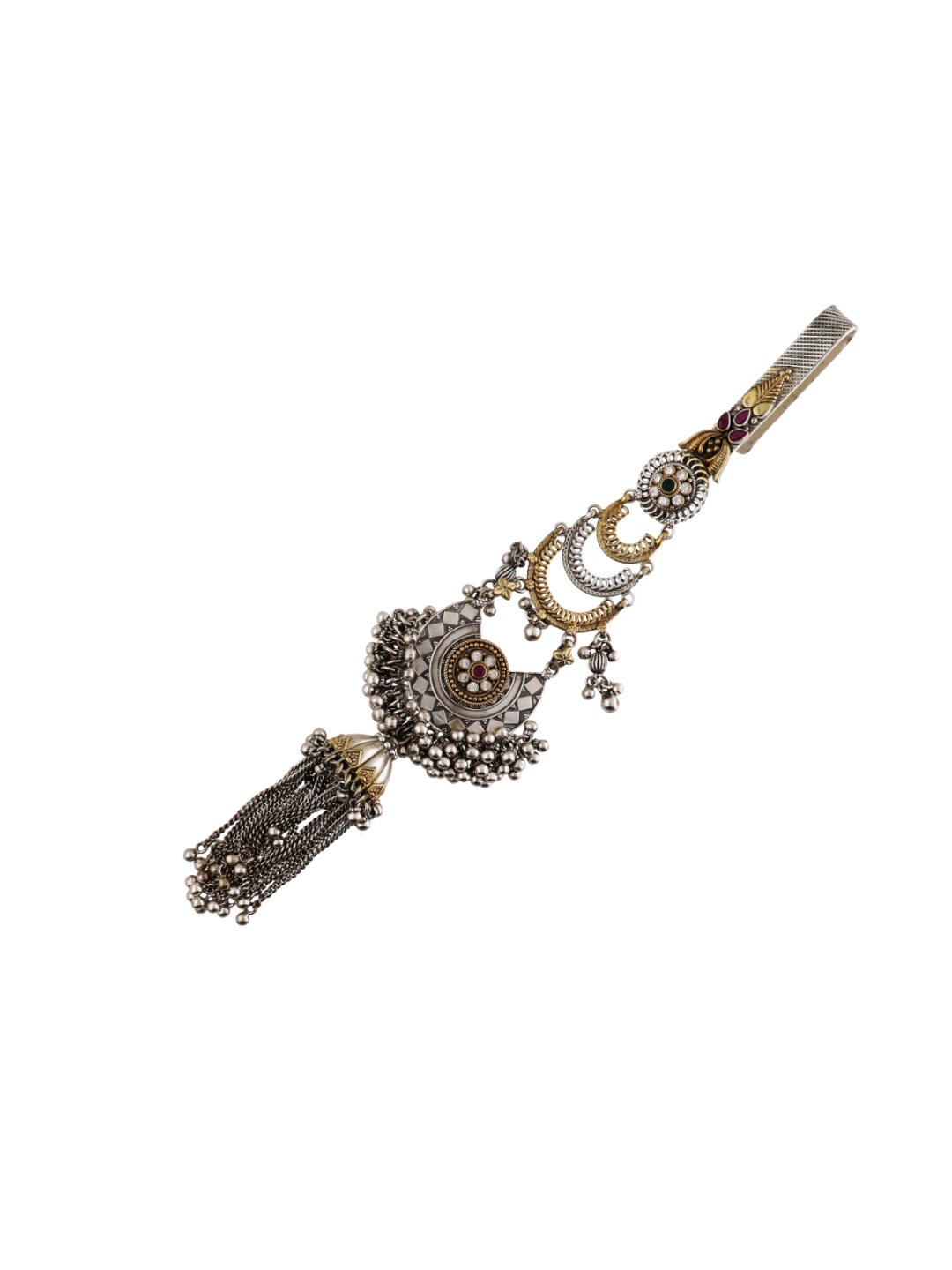 Silver tassel keychain with circular medallion and chain charms