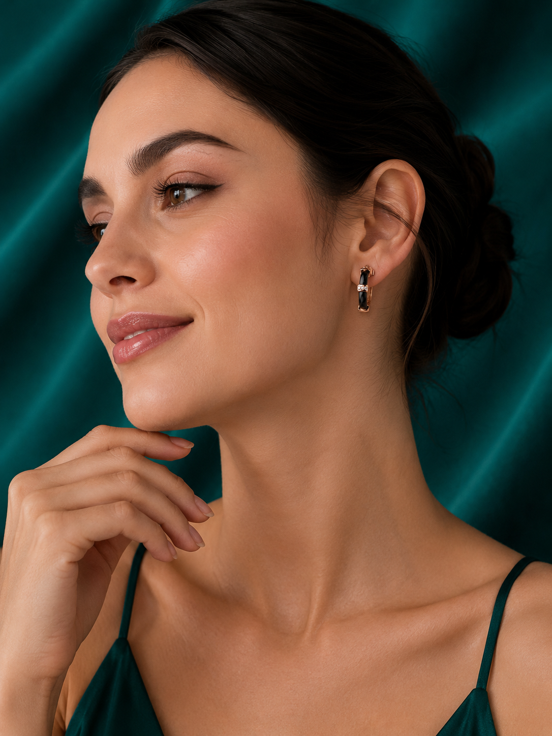 92.5 Silver Rose Gold Black Hoop Earrings with Crystal Accent for Women