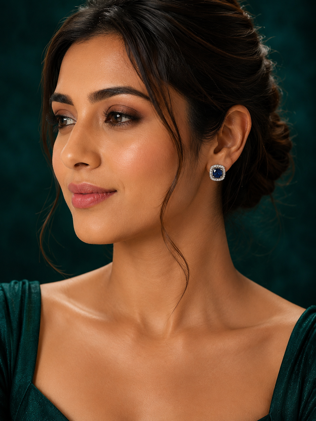 92.5 Silver Blue Cushion Halo Stud Earrings for Women