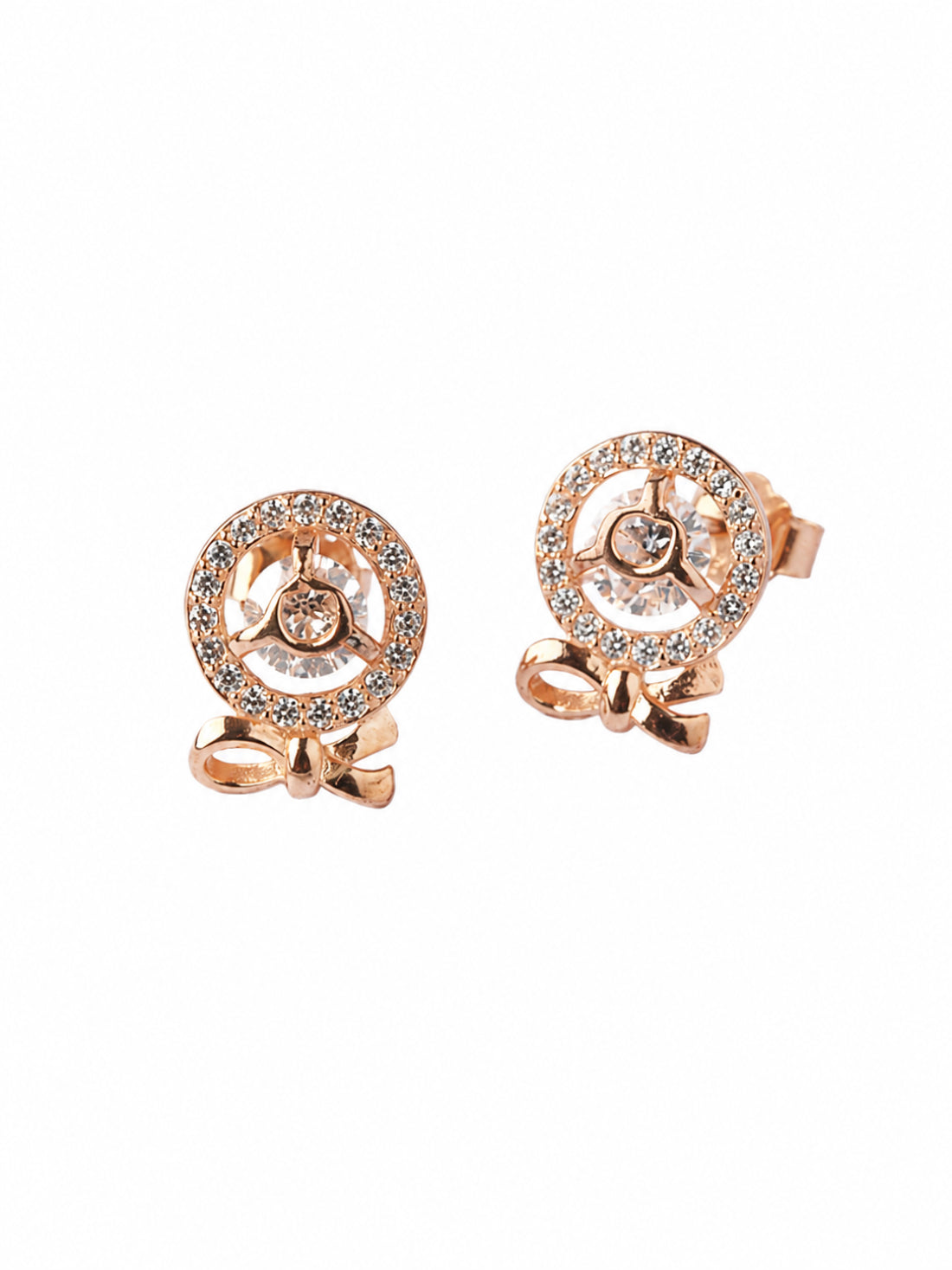 92.5 Silver Rose Gold Bow Stud Earrings with Crystal Halo for Women