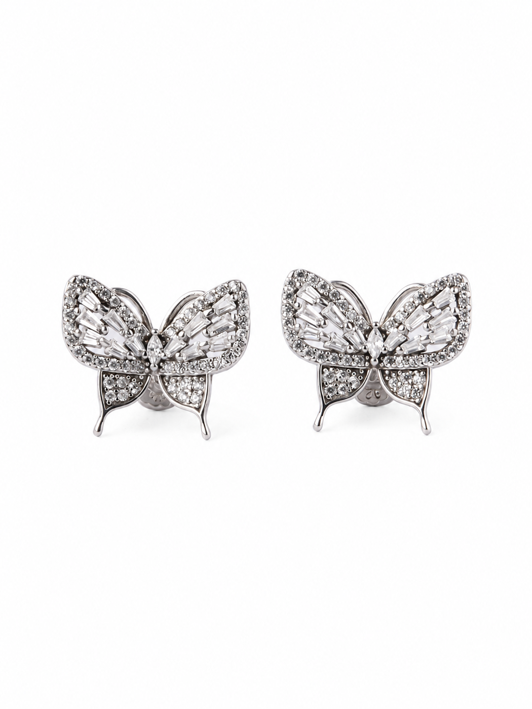 92.5 Silver Butterfly Stud Earrings with Baguette Crystal Detailing for Women