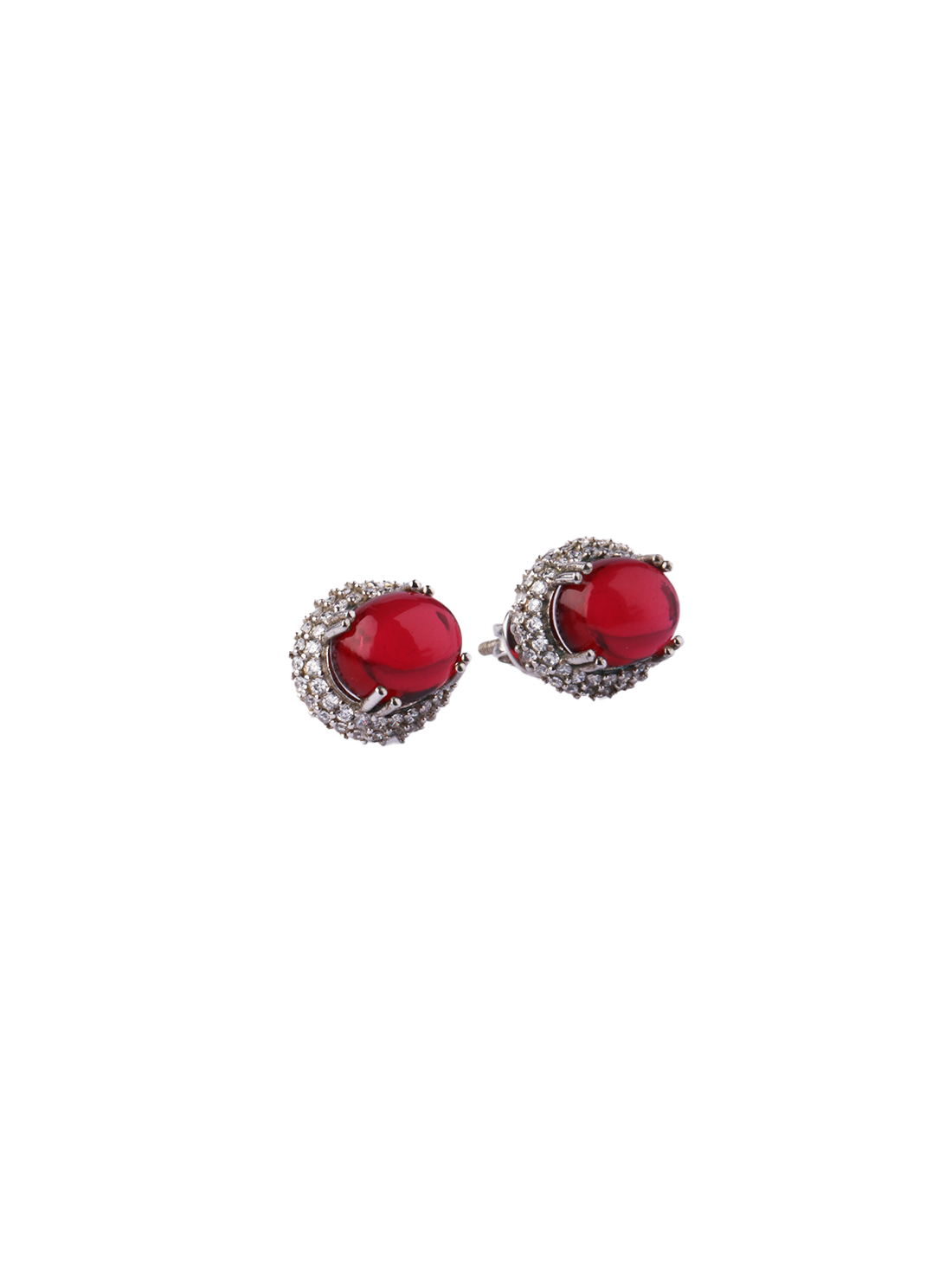 92.5 Silver Deep Red Oval Halo Stud Earrings for Women