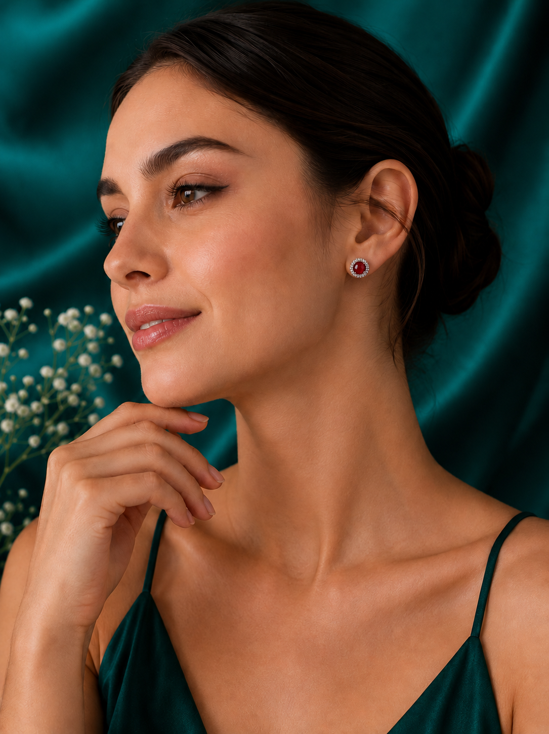 92.5 Silver Deep Red Oval Halo Stud Earrings for Women