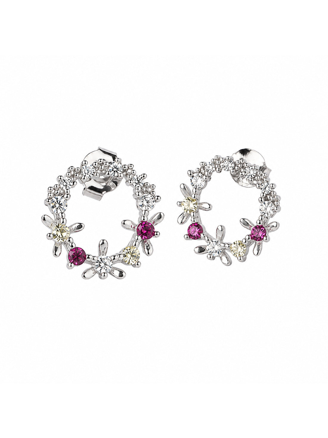 92.5 Silver Floral Hoop Stud Earrings with Multicolour Stones for Women