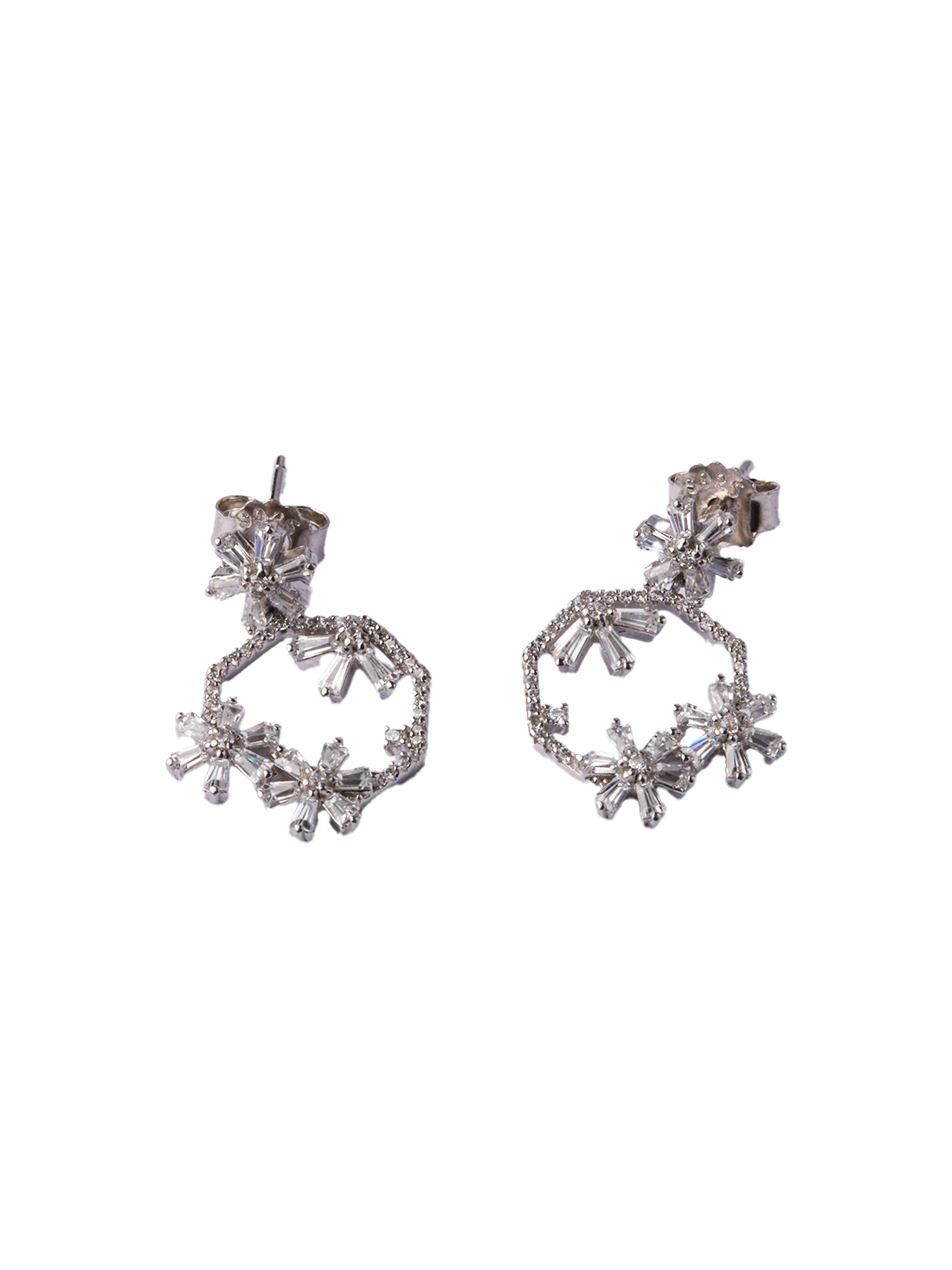 92.5 Silver Floral Open Hoop Drop Earrings with Baguette Crystals for Women