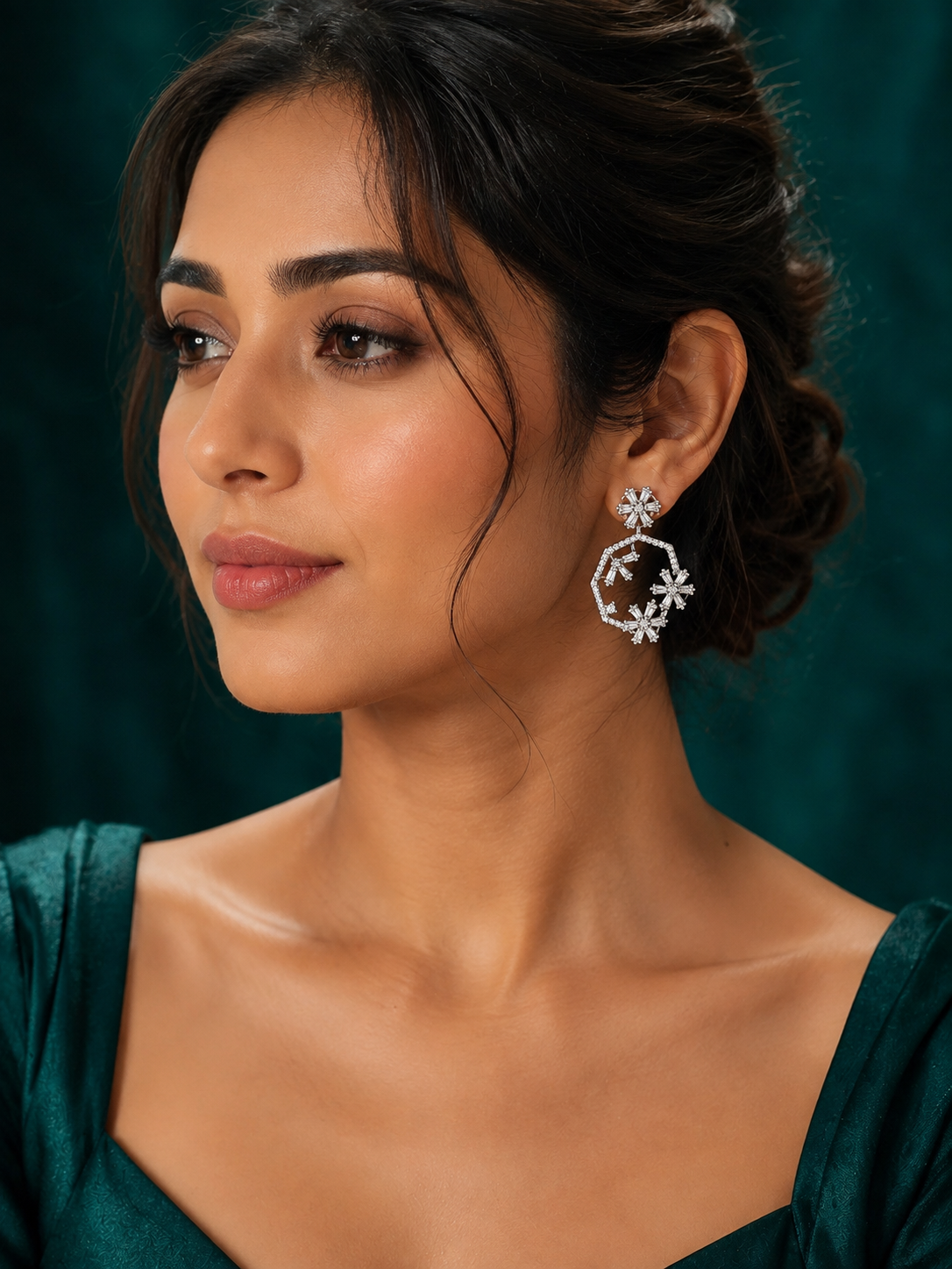 92.5 Silver Floral Open Hoop Drop Earrings with Baguette Crystals for Women