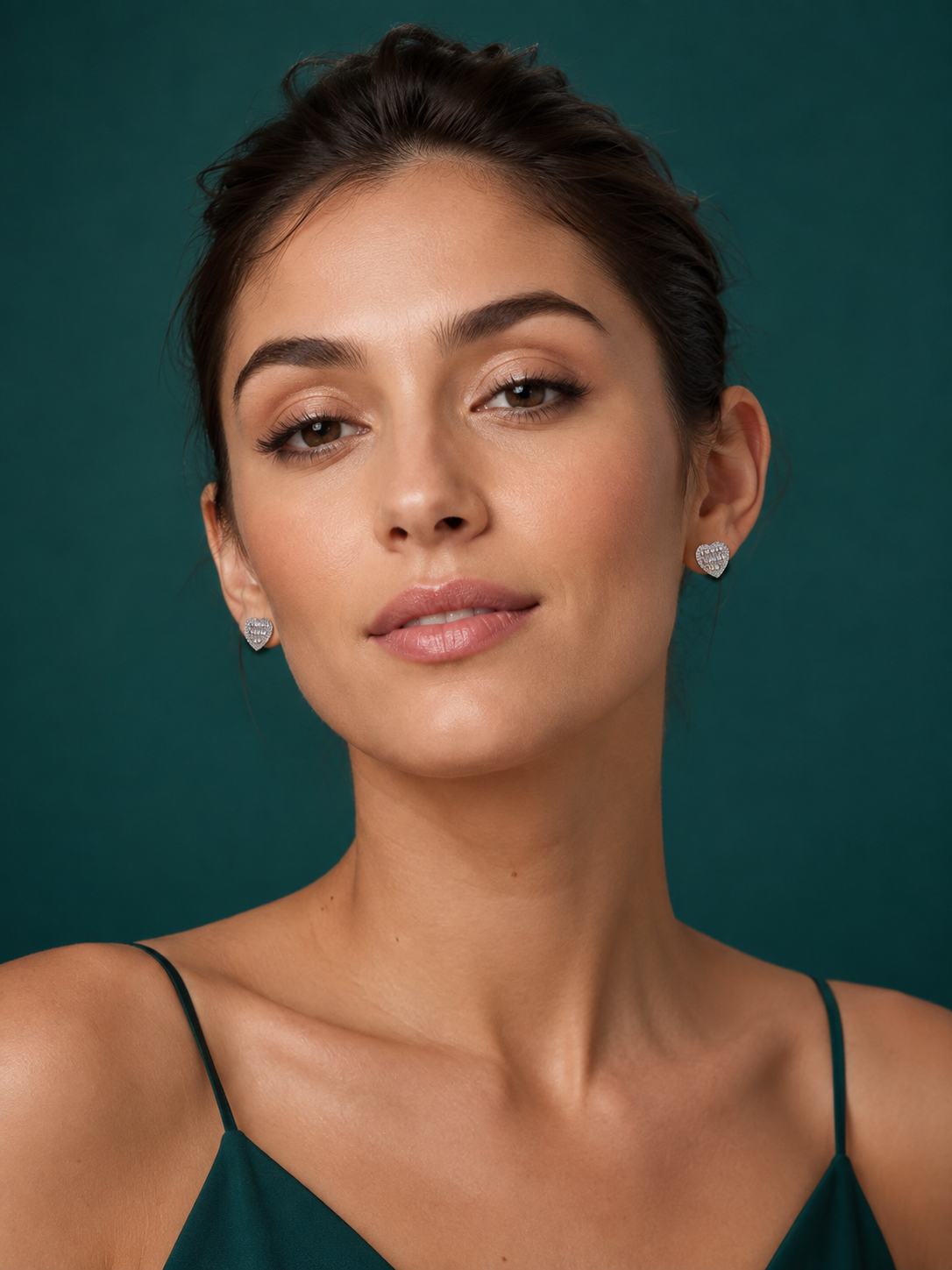 Silver Heart Stud Earrings for Women with Crystal Detailing