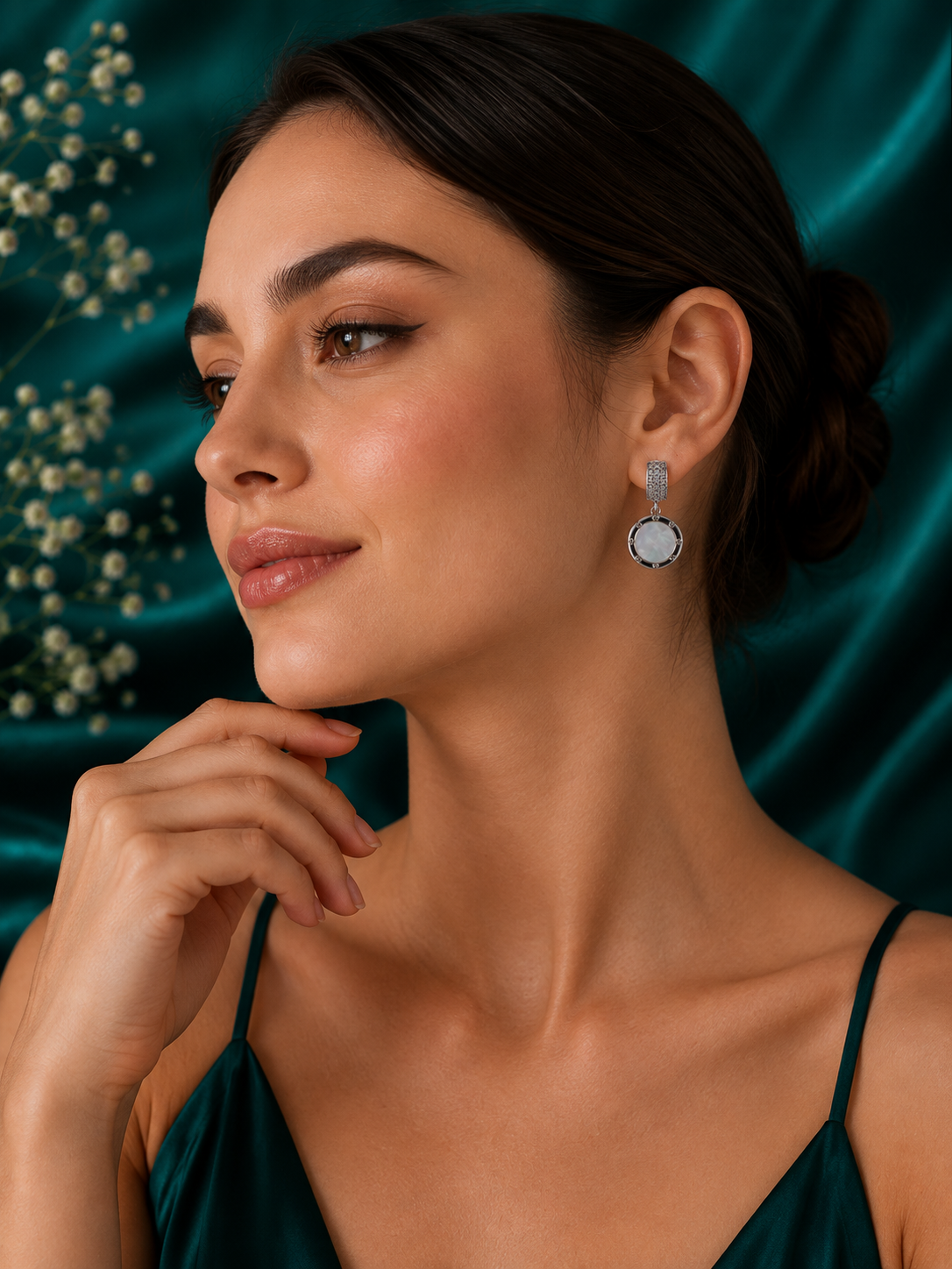 92.5 Silver Mother-of-Pearl Round Drop Earrings for Women